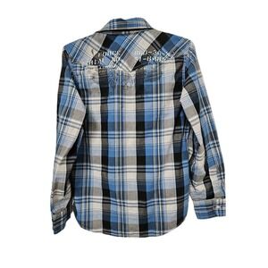 HELIX Button Up Shirt Boys Size XL Plaid Roll Up Sleeve Pockets Skull Skater *